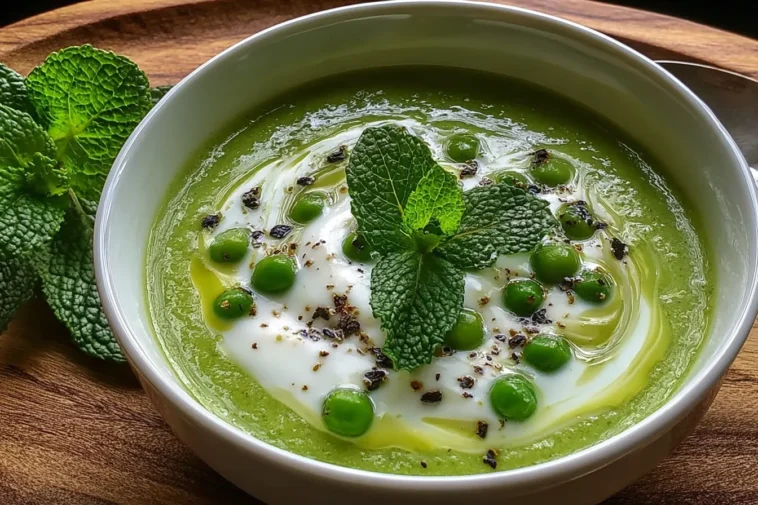 Spring Pea & Mint Velouté with Crème Fraîche Marbling: Refreshing Delight 3 Spring Pea & Mint Velouté with Crème Fraîche Marbling in a Bowl