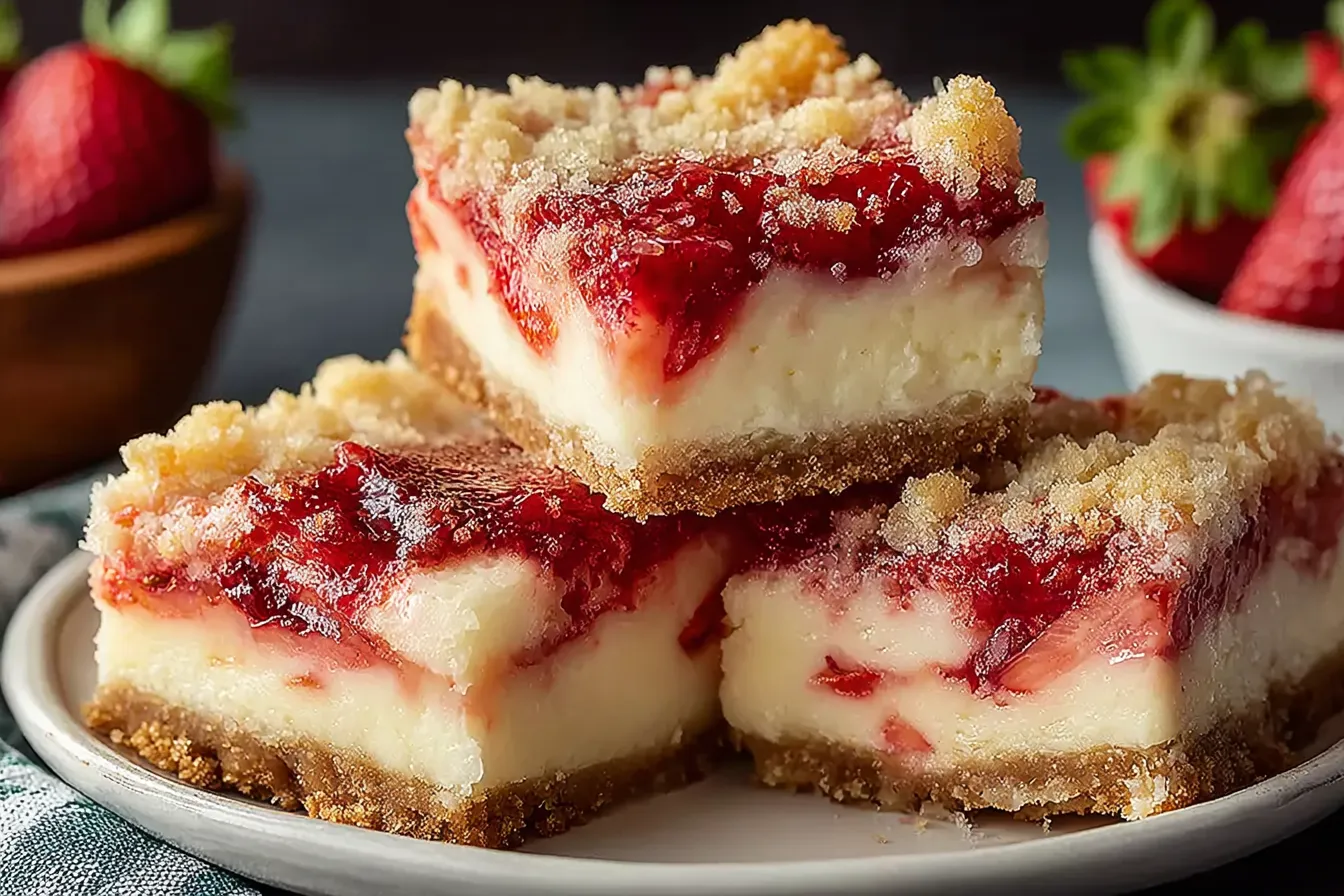 Strawberry Cream Cheese Cake Bars – Sweet Memories Await 3 Delicious Strawberry Cream Cheese Cake Bars Ready to Serve