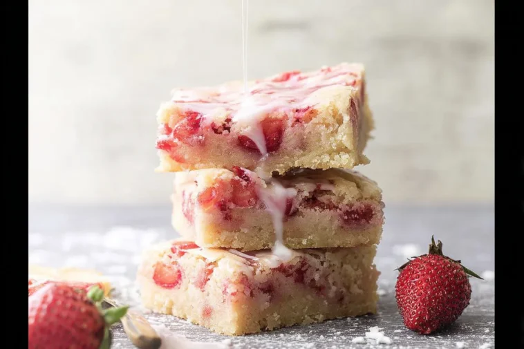 Strawberry Lemon Blondies: A Sweet Summer Delight 3 Delicious Strawberry Lemon Blondies on a White Plate