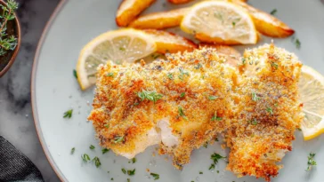 Crispy Air Fryer Haddock Fillets Plated with Lemon