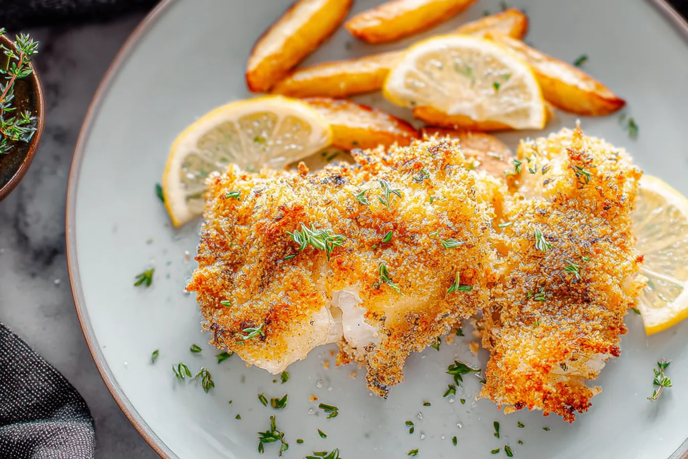 Crispy Air Fryer Haddock Fillets Plated with Lemon