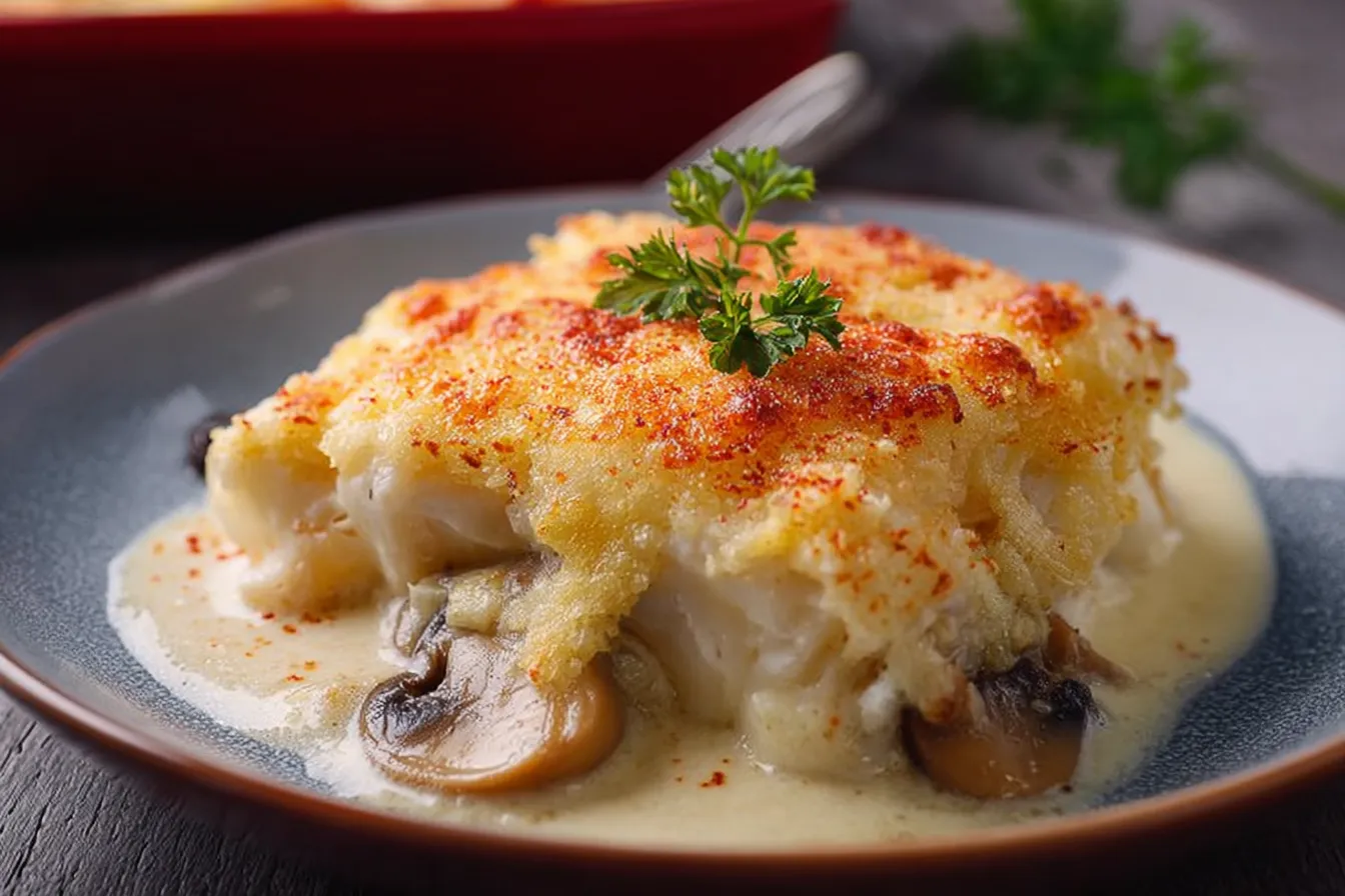 Baked Haddock au Gratin Plated with Garnishes