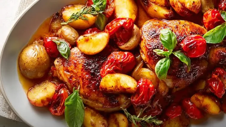 Tender Balsamic Roasted Chicken With Peaches Plated