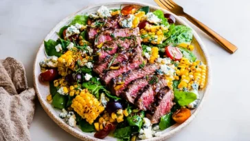 Balsamic Steak Gorgonzola Salad with Grilled Corn Deliciousness