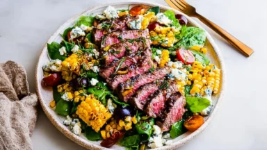 Balsamic Steak Gorgonzola Salad with Grilled Corn Deliciousness
