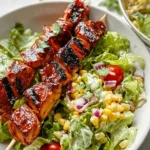BBQ Chicken Skewer Salad Served with Fresh Veggies