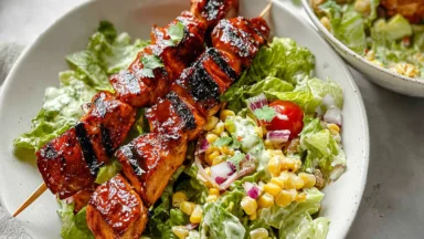 BBQ Chicken Skewer Salad Served with Fresh Veggies