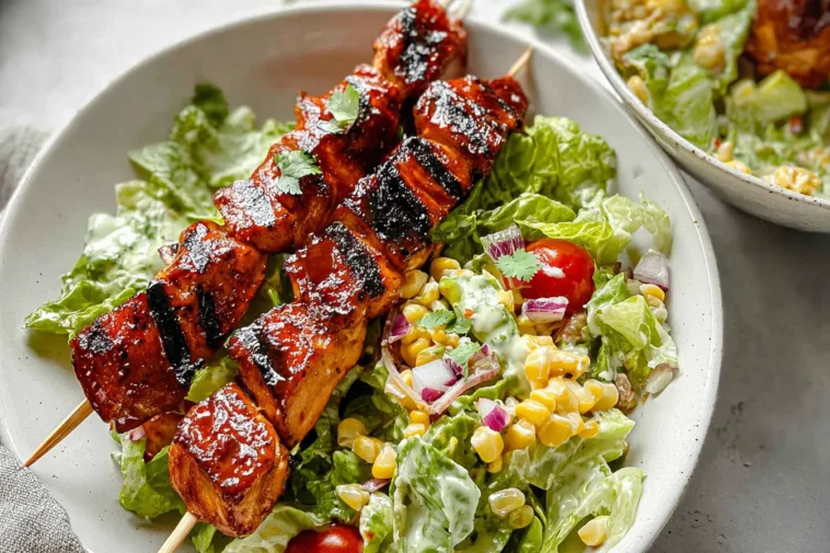 BBQ Chicken Skewer Salad Served with Fresh Veggies
