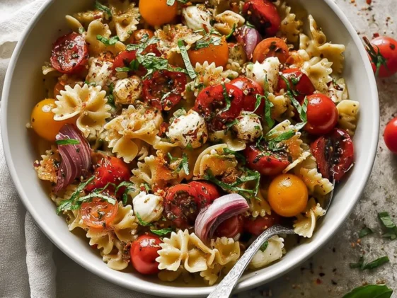 Bruschetta Pasta Salad with Fresh Tomatoes and Basil