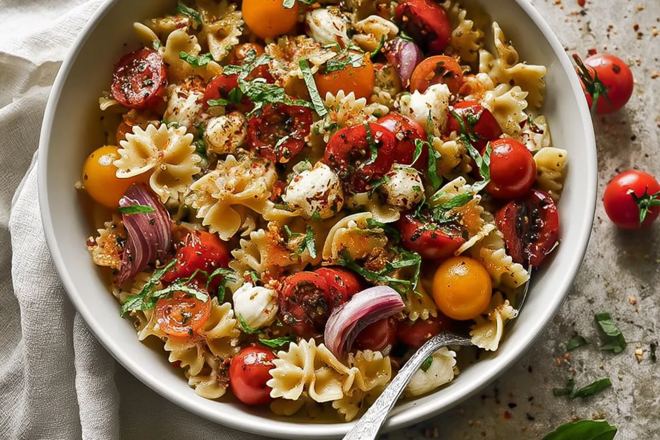 Bruschetta Pasta Salad with Fresh Tomatoes and Basil