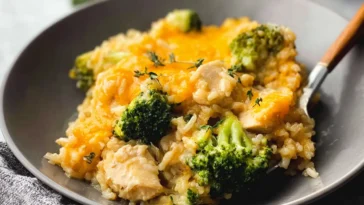 Cheesy Broccoli Chicken and Rice Casserole Freshly Baked