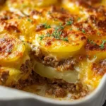 Cheesy Hamburger Potato Casserole Served Warm