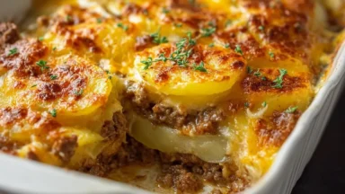 Cheesy Hamburger Potato Casserole Served Warm