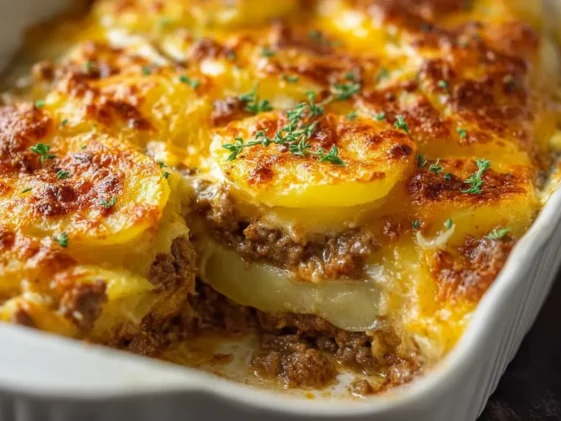 Cheesy Hamburger Potato Casserole Served Warm