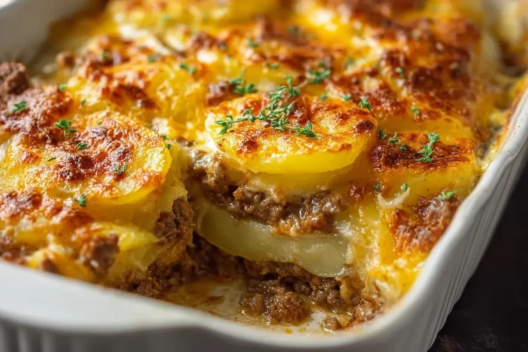 Cheesy Hamburger Potato Casserole Served Warm