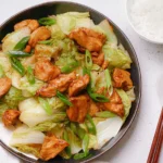 Chicken and Cabbage Stir Fry in a Colorful Skillet