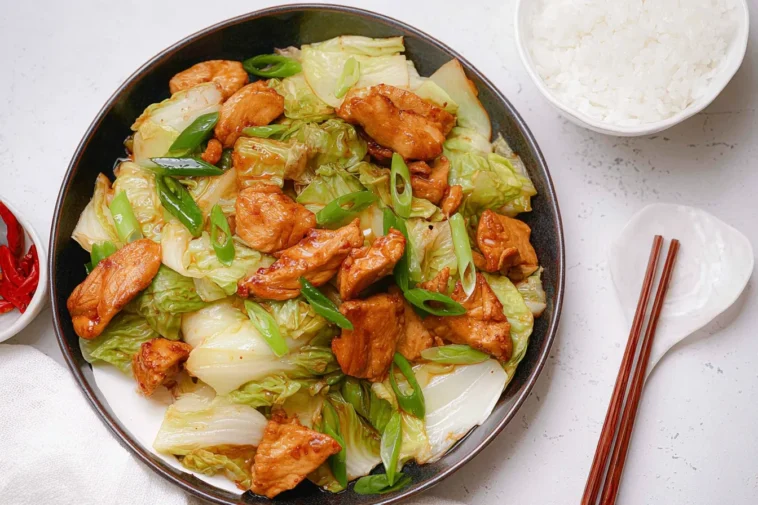 Chicken and Cabbage Stir Fry in a Colorful Skillet