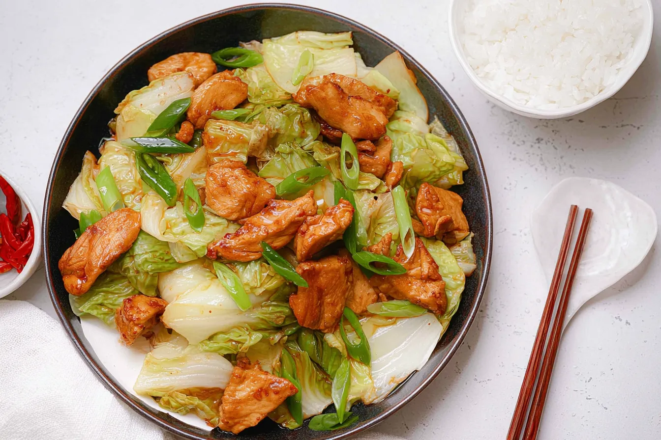 Chicken and Cabbage Stir Fry in a Colorful Skillet