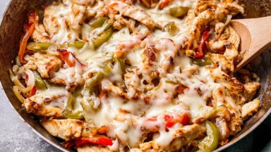 Delicious Chicken Cheesesteak Skillet in a Cast Iron Pan