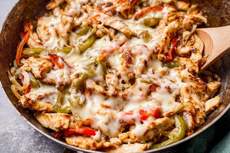 Delicious Chicken Cheesesteak Skillet in a Cast Iron Pan