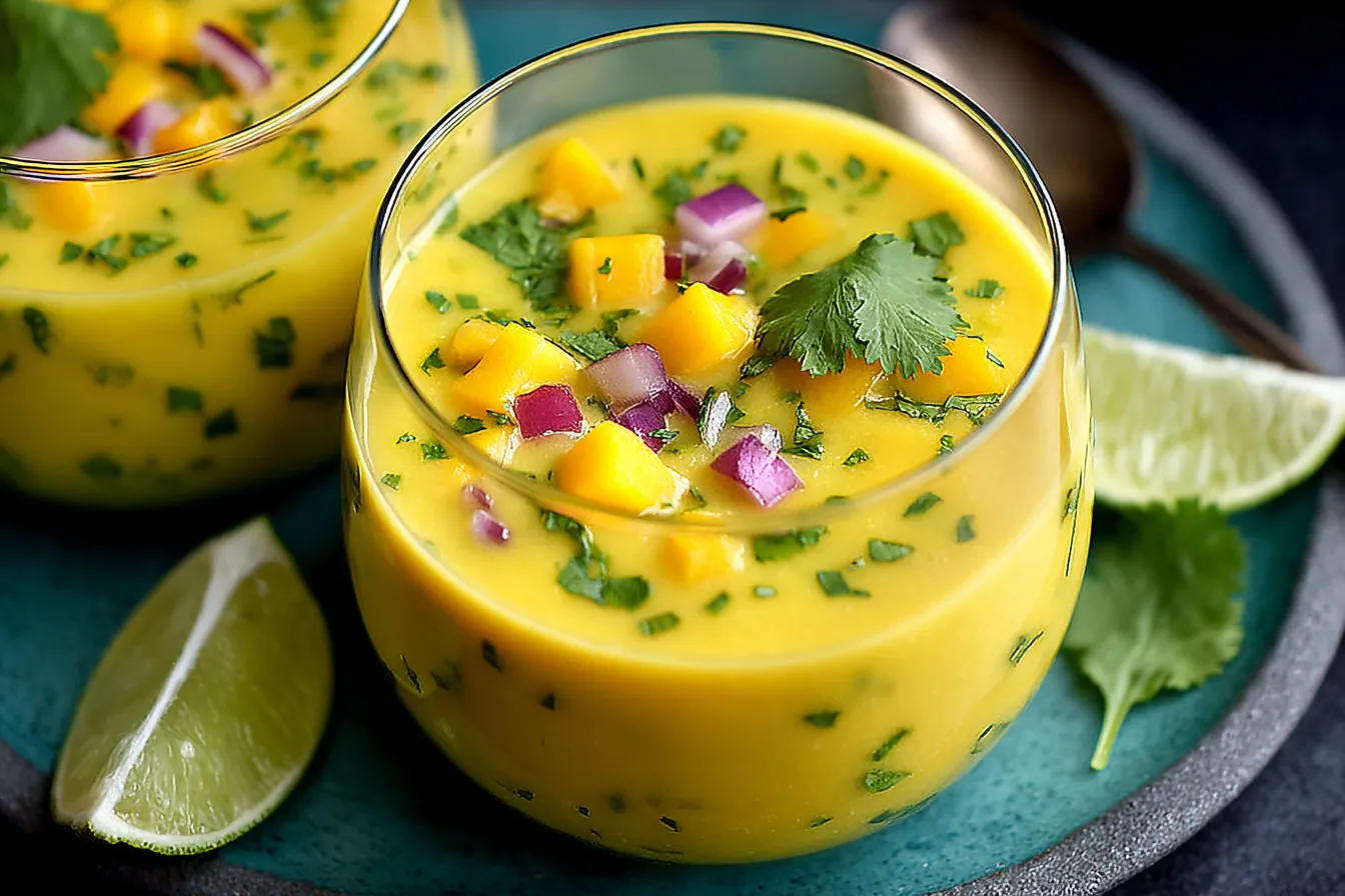 Chilled Mango Gazpacho: Refreshing Summer Soup Delight 3 Chilled Mango Gazpacho Served in Bowls