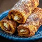 Cinnamon Sugar French Toast Roll-Ups Plated with Syrup