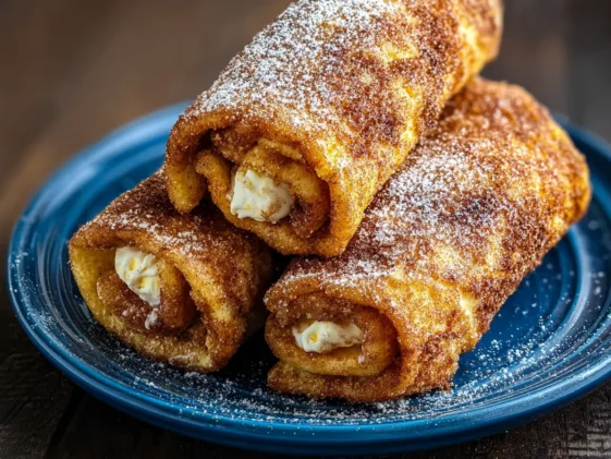 Cinnamon Sugar French Toast Roll-Ups Plated with Syrup