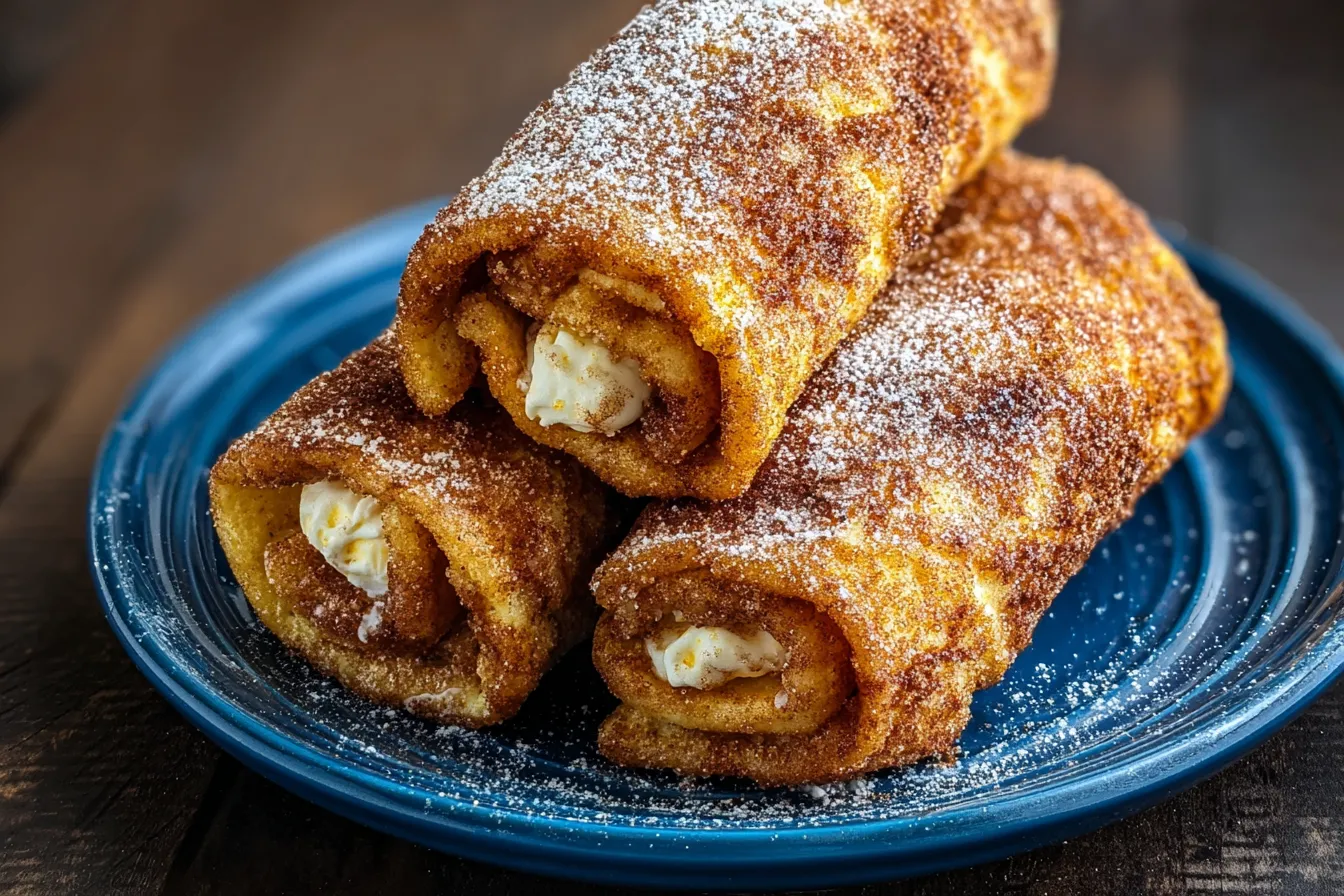 Cinnamon Sugar French Toast Roll-Ups: A Sweet Morning Treat 3 Cinnamon Sugar French Toast Roll-Ups Plated with Syrup