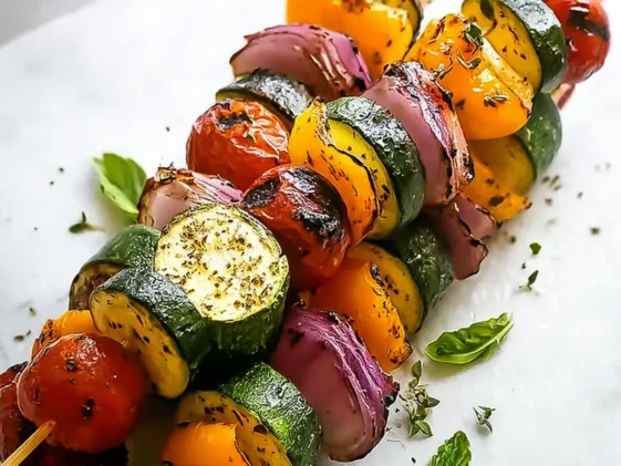 Colorful Grilled Veggie Skewers on a Rustic Grill