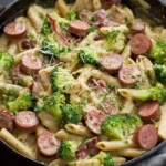 Creamy Kielbasa Broccoli Skillet Served in a Pan