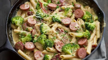 Creamy Kielbasa Broccoli Skillet Served in a Pan
