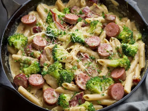Creamy Kielbasa Broccoli Skillet Served in a Pan