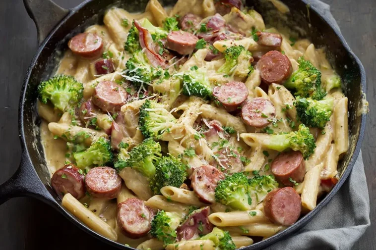 Creamy Kielbasa Broccoli Skillet Served in a Pan