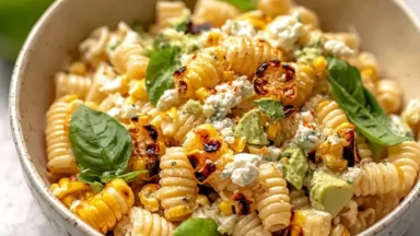 Creamy Street Corn Pasta Salad Served in a Bowl