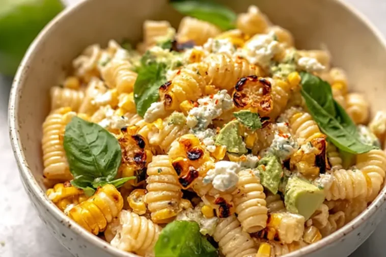 Creamy Street Corn Pasta Salad Served in a Bowl
