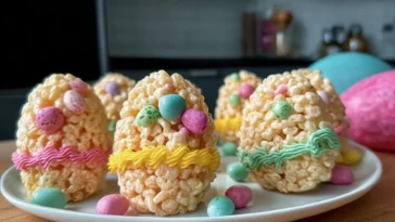 Cute and Colorful Easter Egg Rice Krispies Treats on a Platter