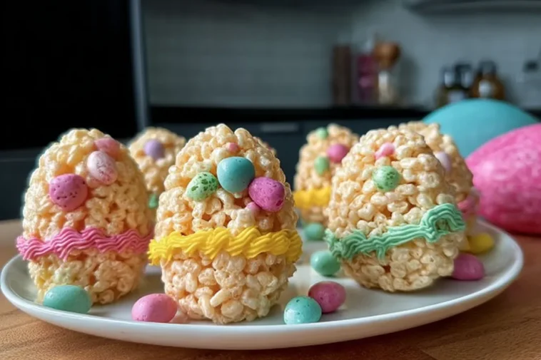 Cute and Colorful Easter Egg Rice Krispies Treats on a Platter