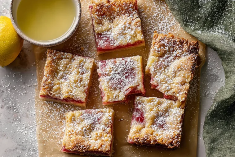Delicious Lemon Rhubarb Bars on a White Plate