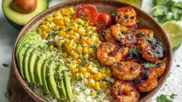 Easy Grilled Shrimp Bowl with Avocado and Corn in a Bowl