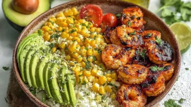 Easy Grilled Shrimp Bowl with Avocado and Corn in a Bowl