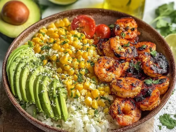Easy Grilled Shrimp Bowl with Avocado and Corn in a Bowl