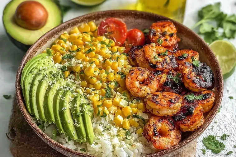 Easy Grilled Shrimp Bowl with Avocado and Corn in a Bowl