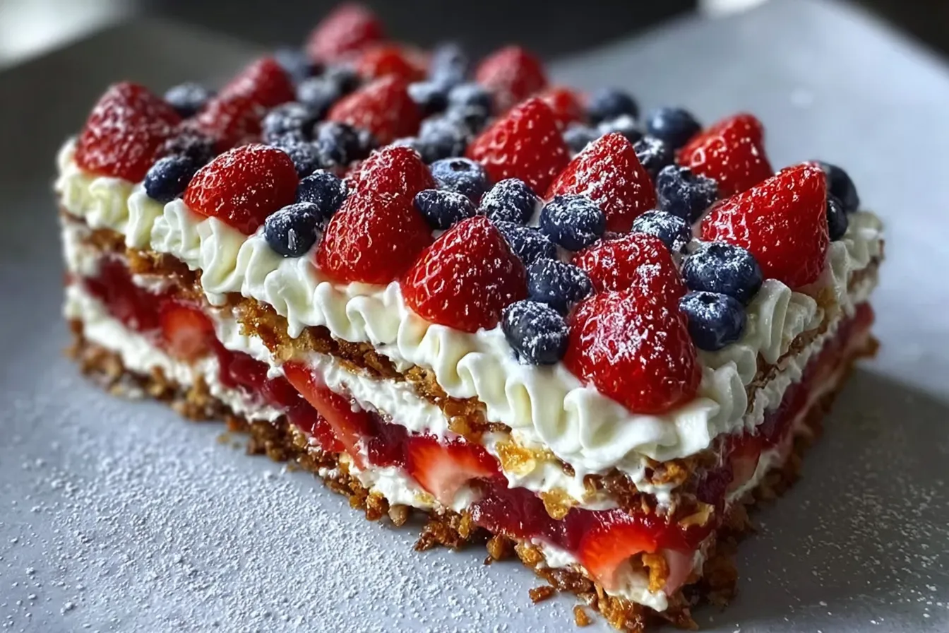 Easy No-Bake Patriotic Flag Icebox Cake Recipe for 4th of July Celebration 