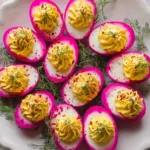Festive Beet-Pickled Deviled Eggs on a Serving Platter