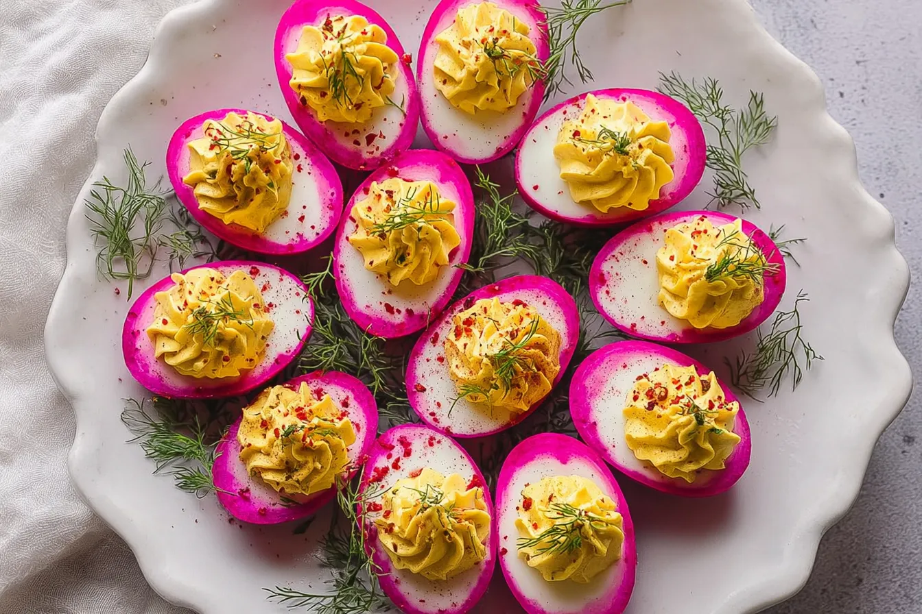 Festive Beet-Pickled Deviled Eggs on a Serving Platter