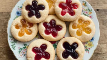 Colorful Flower Jam Thumbprint Cookies on a Plate