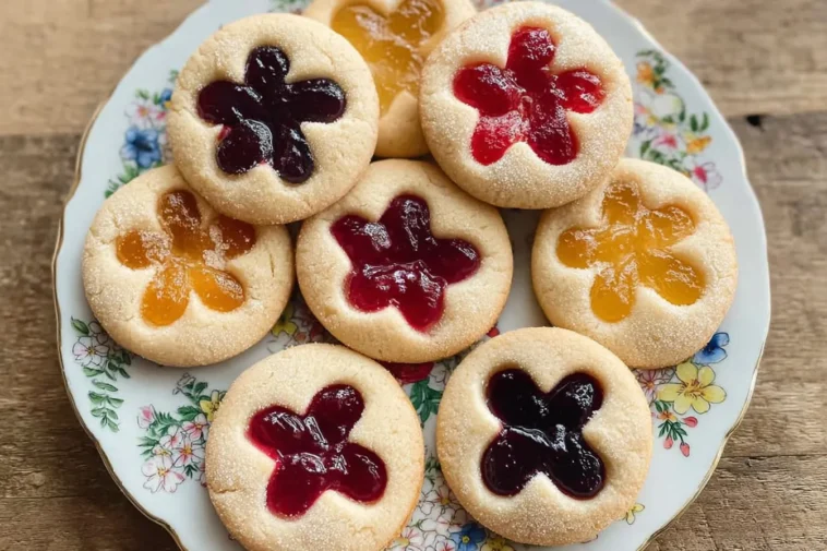 Colorful Flower Jam Thumbprint Cookies on a Plate