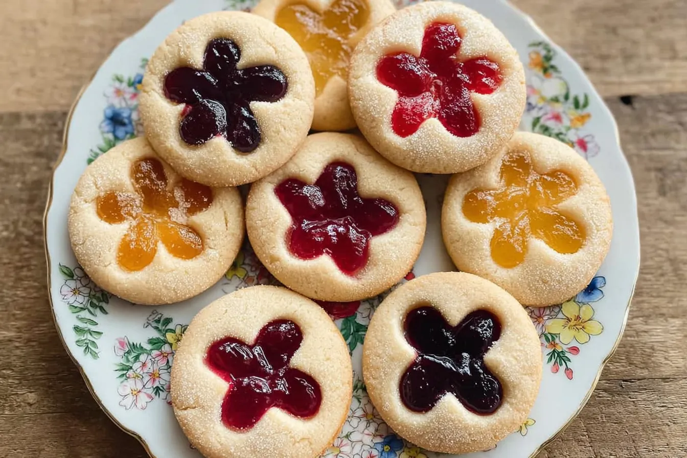 Colorful Flower Jam Thumbprint Cookies on a Plate