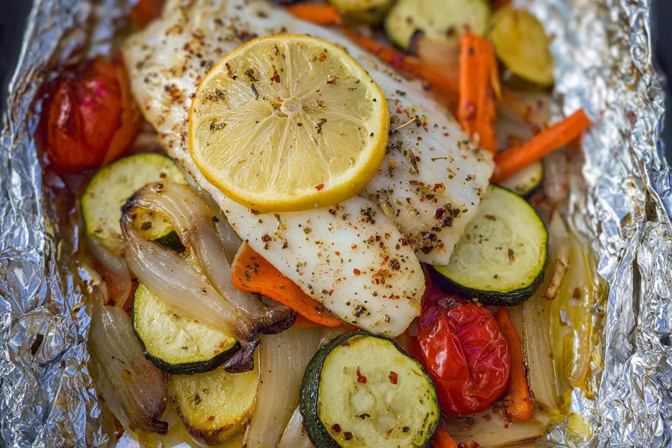 Foil Baked Fish with Veggies Ready to Serve