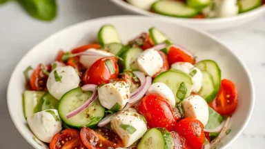 Fresh Cucumber Caprese Salad in a Beautiful Bowl